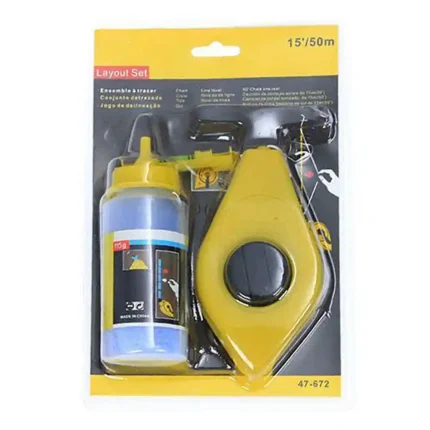 industrial chalk line layout set with chalk bottle and level